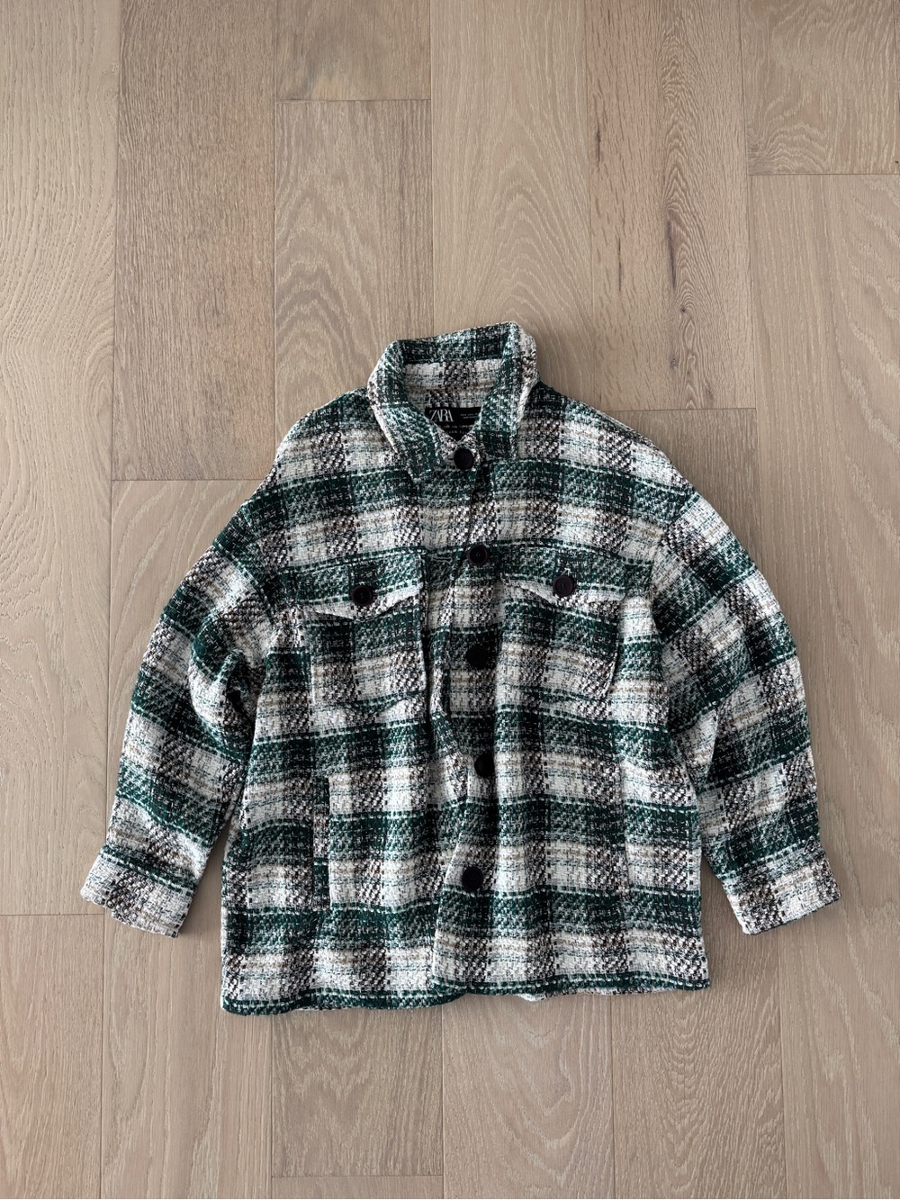 Zara Plaid Shacket Jacket Green Cream Brown Button Pockets L